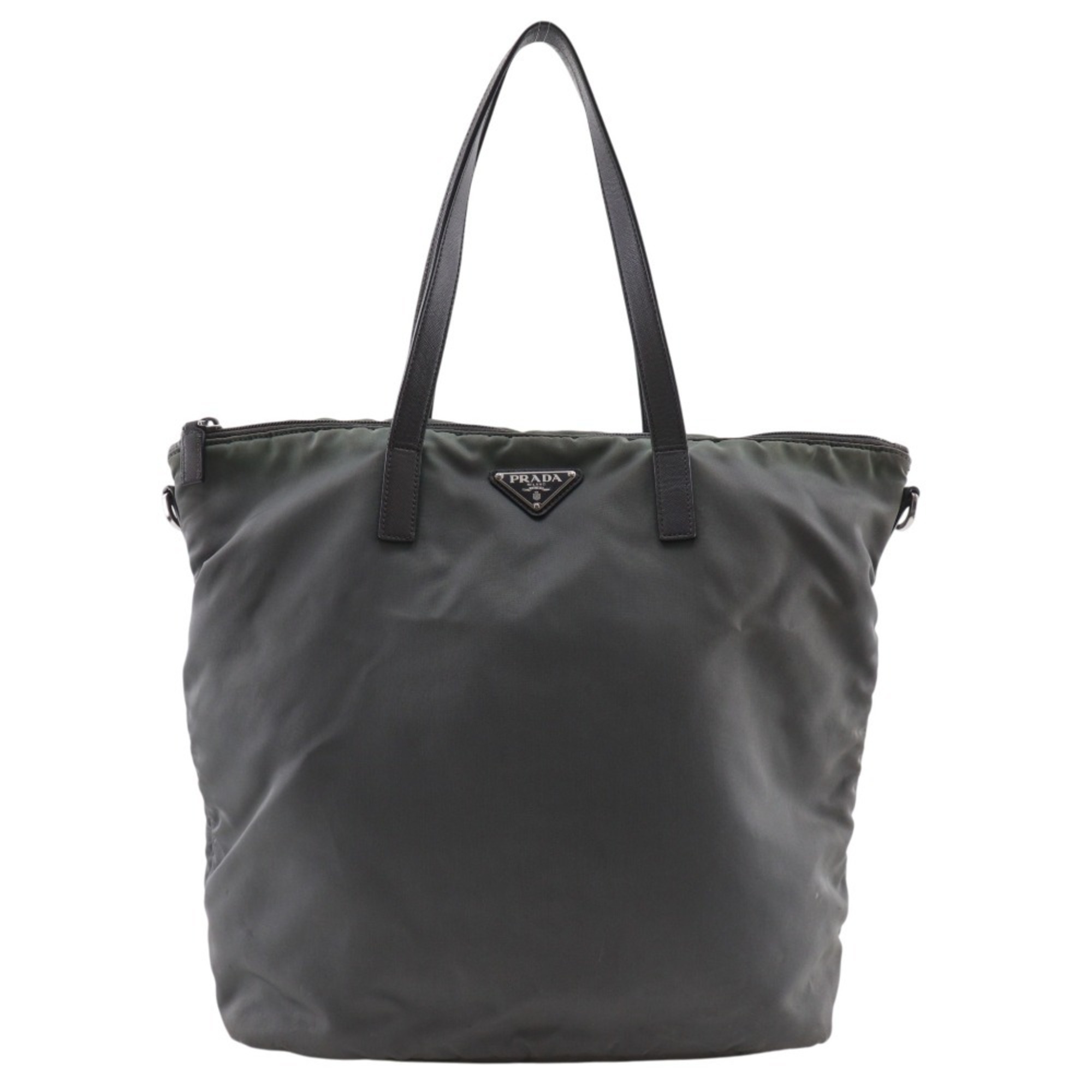 Prada Tote Bag, Nylon, Khaki, A4 Size, Zipper Closure, Unisex.